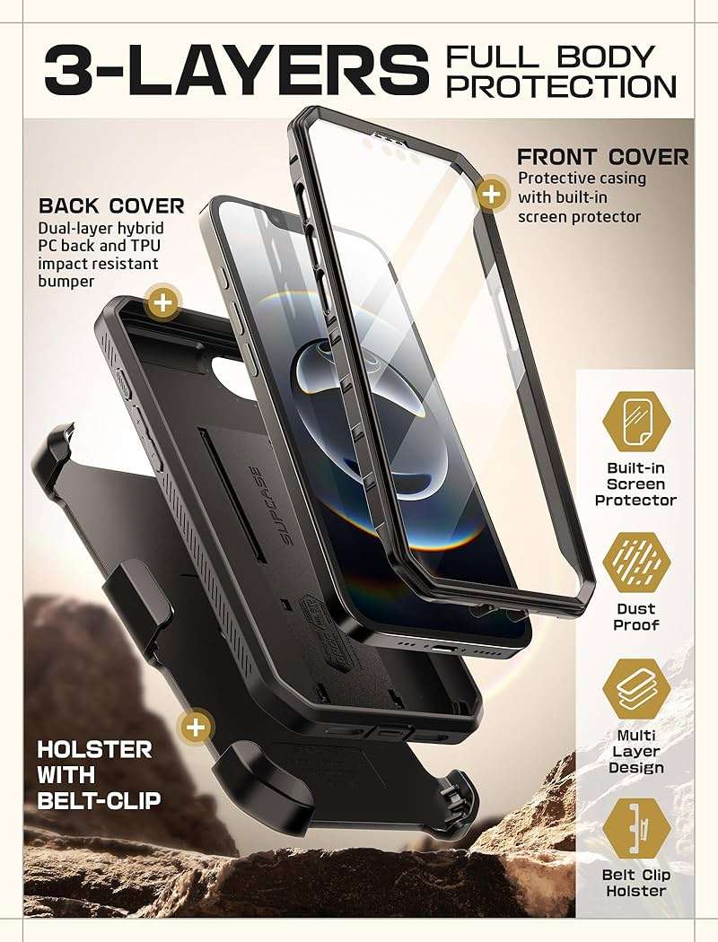 SUPCASE for iPhone 17e/16e Case with Screen Protector (Unicorn Beetle Pro), [Built-in Stand & Belt-Clip] [Military-Grade Protection] Full Body Phone Case for iPhone 17e/16e 6.1 inch, Black - Image 5