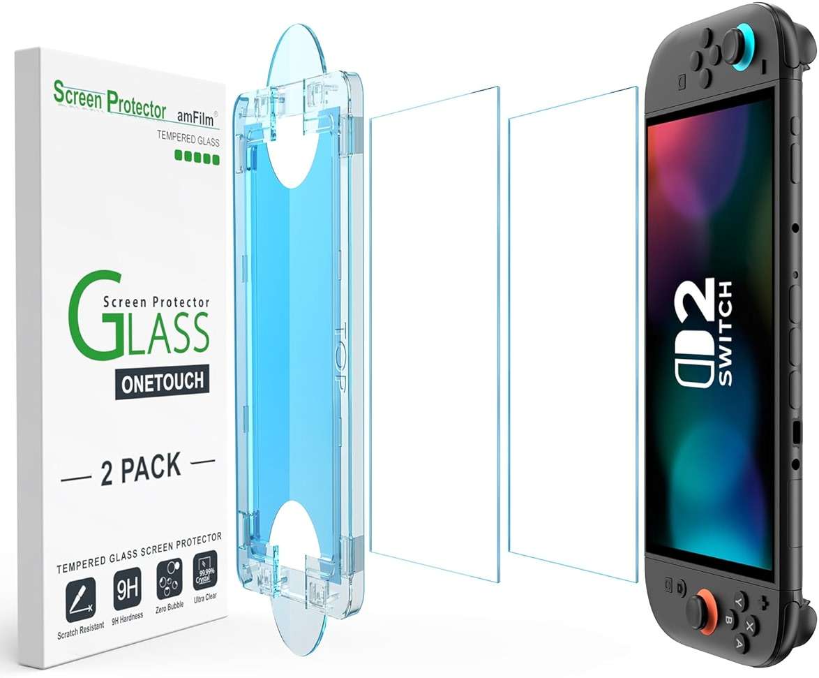 amFilm Auto-Alignment OneTouch for Nintendo Switch 2 Screen Protector [7.9''] 2025 Tempered Glass, Accessories, 30 seconds Installation, Bubble Free, Scratch Resistant, Touch Sensitive, Transparent [2 Pack] - Image 1