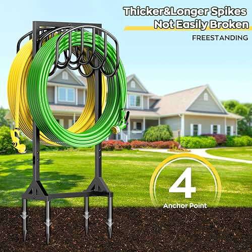 Garden Water Hose Holder Holds 2 * 150Ft Hoses, Heavy-Duty Metal Freestanding Hose Holder with 4 Spikes, Rustproof Garden Hose Reels Hose Hanger Storage for Outside, Yard, Lawn, Farm, Black - Image 4
