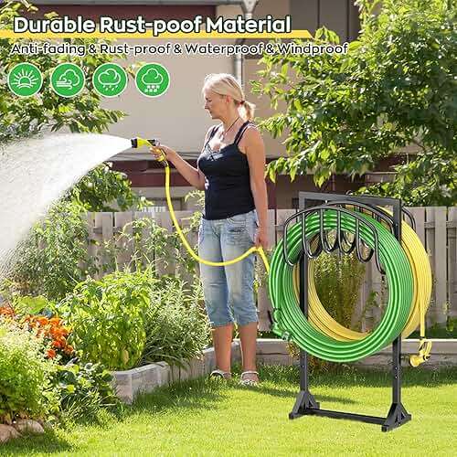 Garden Water Hose Holder Holds 2 * 150Ft Hoses, Heavy-Duty Metal Freestanding Hose Holder with 4 Spikes, Rustproof Garden Hose Reels Hose Hanger Storage for Outside, Yard, Lawn, Farm, Black - Image 7