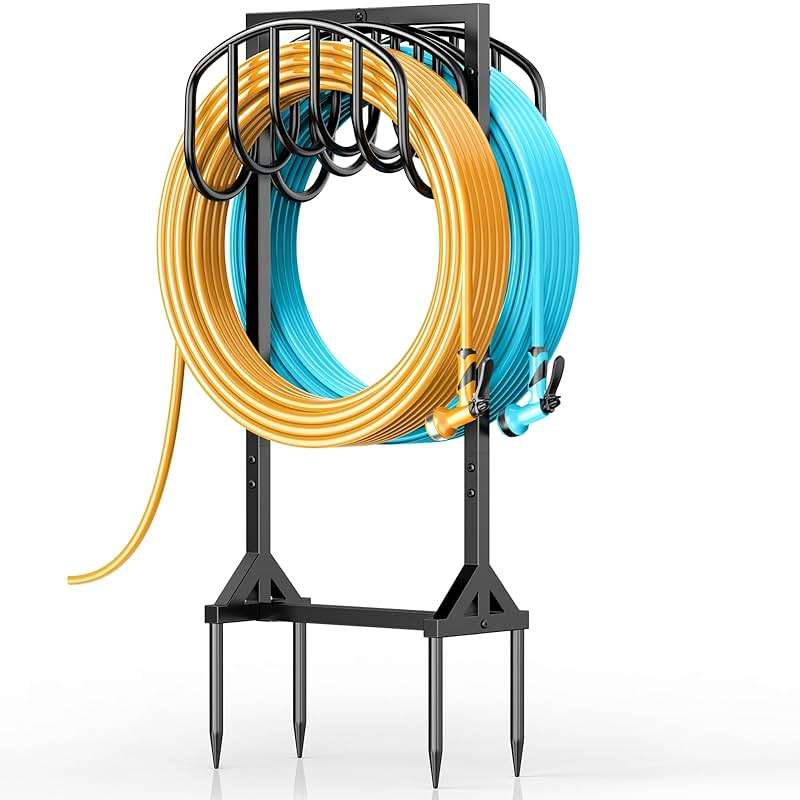 Garden Water Hose Holder Holds 2 * 150Ft Hoses, Heavy-Duty Metal Freestanding Hose Holder with 4 Spikes, Rustproof Garden Hose Reels Hose Hanger Storage for Outside, Yard, Lawn, Farm, Black - Image 8