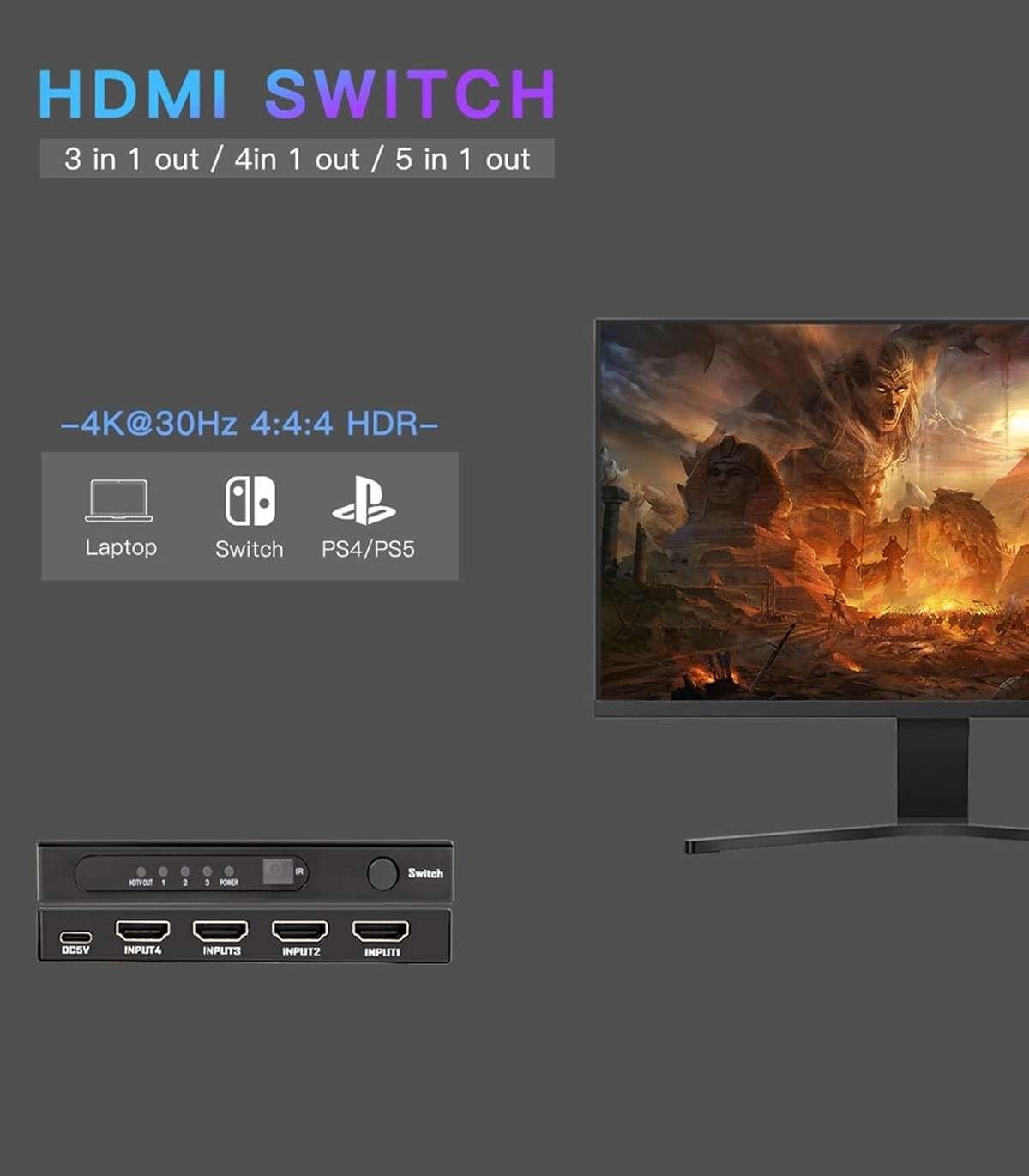 HDMI Switch 3 in 1 Out: 4K@30Hz Ultra HD HDMI Selector with Remote Control, High-Speed 10.2Gbps Transmission, Compatible with PS5, Xbox, Blu-ray, PC, and TV – Plug and Play - Image 2