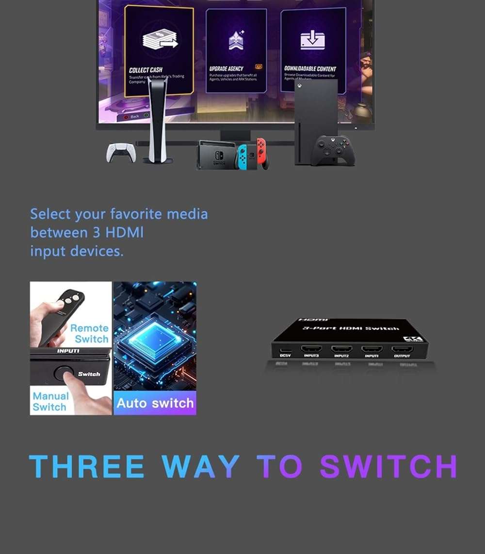 HDMI Switch 3 in 1 Out: 4K@30Hz Ultra HD HDMI Selector with Remote Control, High-Speed 10.2Gbps Transmission, Compatible with PS5, Xbox, Blu-ray, PC, and TV – Plug and Play - Image 3