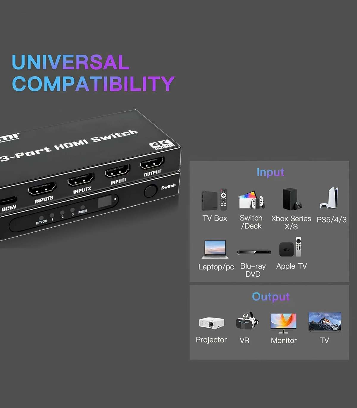 HDMI Switch 3 in 1 Out: 4K@30Hz Ultra HD HDMI Selector with Remote Control, High-Speed 10.2Gbps Transmission, Compatible with PS5, Xbox, Blu-ray, PC, and TV – Plug and Play - Image 5