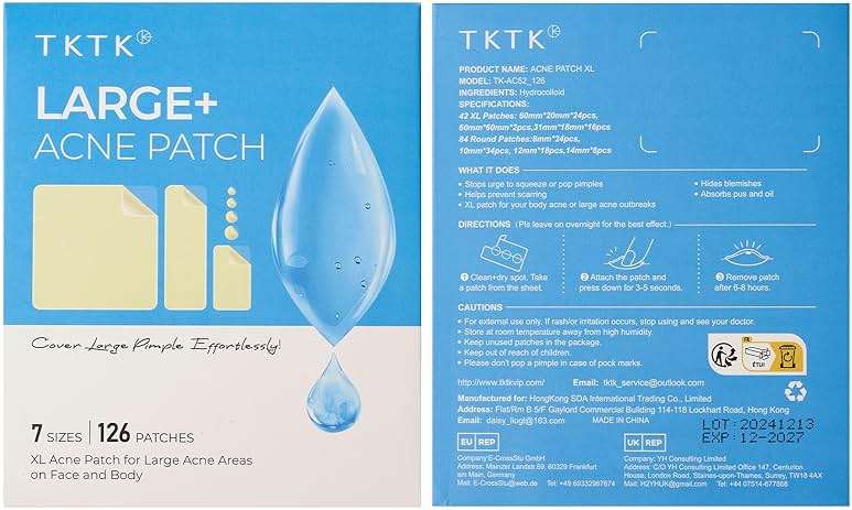 TKTK Large Pimple Patches for Face, 7 Sizes XL Acne Patches, Big Hydrocolloid Bandages for Body, Chin, Forehead, Chest, Back Zit Breakouts, Hydrocolloid Patch (Strip, Square, Dot 126 Count) - Image 8