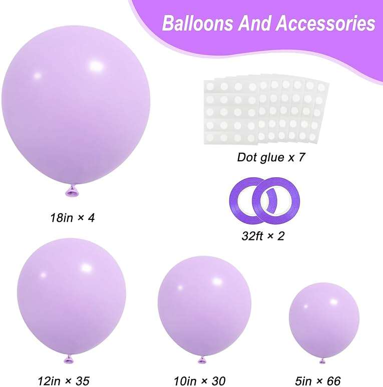 RUBFAC 135pcs Pastel Purple Lavender Balloons Different Sizes 18 12 10 5 Inch for Garland Arch, Latex Light Purple Balloon for Birthday Party Baby Shower Gender Reveal Wedding Decorations - Image 2