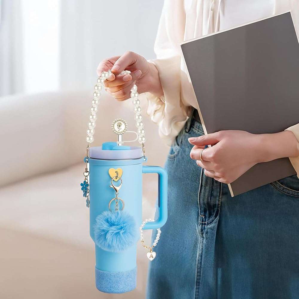 Stanley Cup Accessories Set, Shinning Cup Boot, White Pearl Water Bottle Handle Strap & Pearl Straw Cover, Keychain Charms Tumbler Decorations for Stanley Accessories 30oz 40oz (Blue) - Image 2
