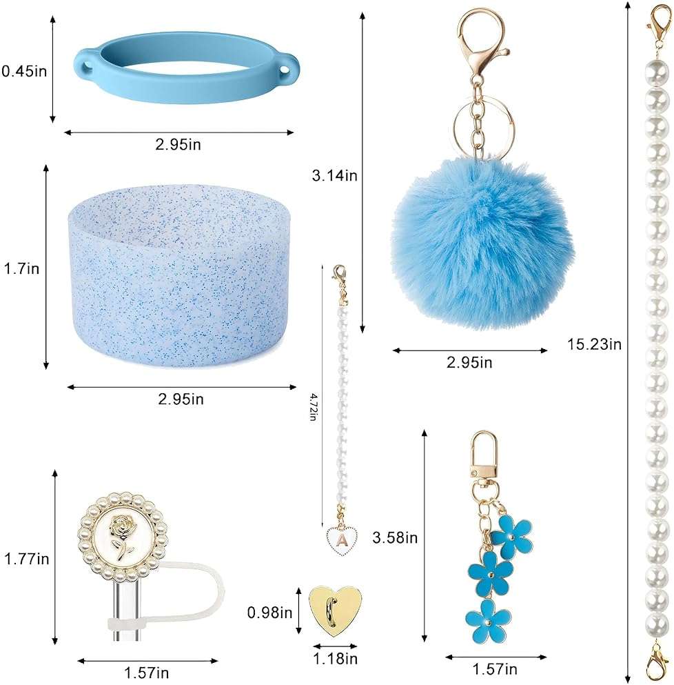 Stanley Cup Accessories Set, Shinning Cup Boot, White Pearl Water Bottle Handle Strap & Pearl Straw Cover, Keychain Charms Tumbler Decorations for Stanley Accessories 30oz 40oz (Blue) - Image 3