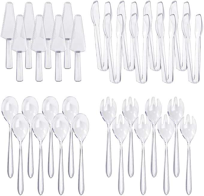 TANEMUDO 32 Pcs Disposable Plastic Serving Utensils Set with 8 Pcs 9.7" Spoons Forks, 8 Pcs 9.5" Knives, and 8 Pcs 6.3" Tongs for Serving Food, Cake, Birthday Party, Buffet, and Cutlery (Clear) - Image 1