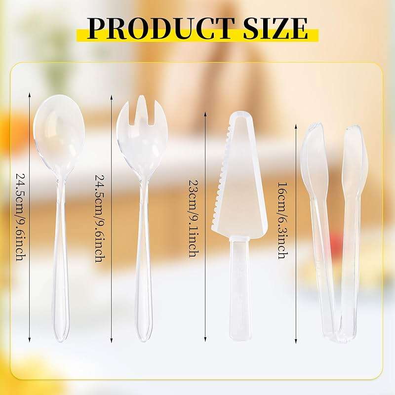 TANEMUDO 32 Pcs Disposable Plastic Serving Utensils Set with 8 Pcs 9.7" Spoons Forks, 8 Pcs 9.5" Knives, and 8 Pcs 6.3" Tongs for Serving Food, Cake, Birthday Party, Buffet, and Cutlery (Clear) - Image 3