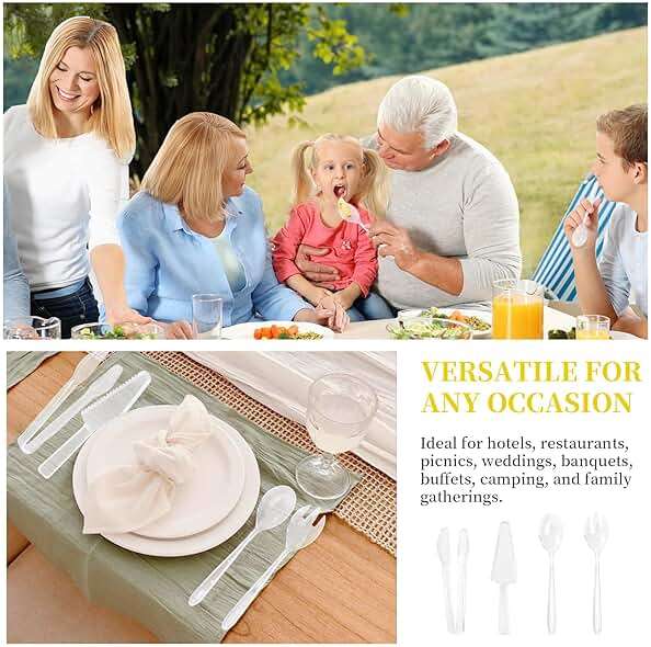TANEMUDO 32 Pcs Disposable Plastic Serving Utensils Set with 8 Pcs 9.7" Spoons Forks, 8 Pcs 9.5" Knives, and 8 Pcs 6.3" Tongs for Serving Food, Cake, Birthday Party, Buffet, and Cutlery (Clear) - Image 7