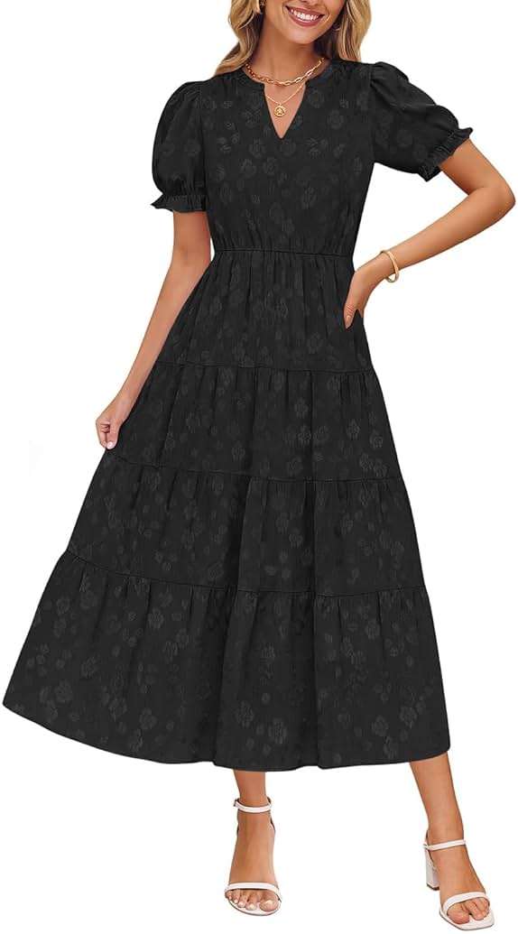 ZESICA Womens Summer Floral Flowy Midi Dress 2026 Puff Short Sleeve V Neck Ruffle Tiered Beach Vacation Party Dresses - Image 1