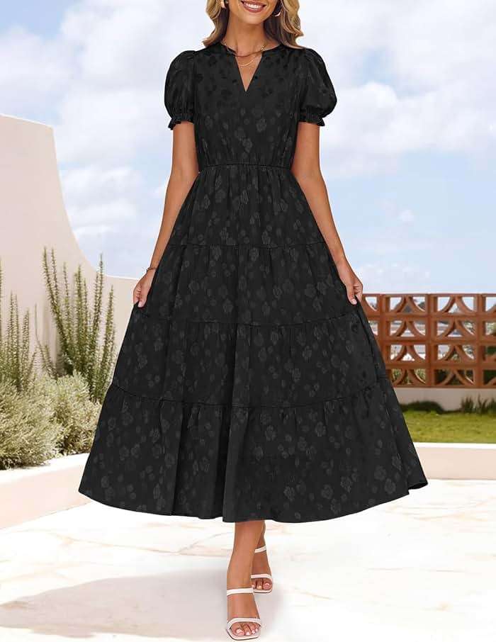 ZESICA Womens Summer Floral Flowy Midi Dress 2026 Puff Short Sleeve V Neck Ruffle Tiered Beach Vacation Party Dresses - Image 2