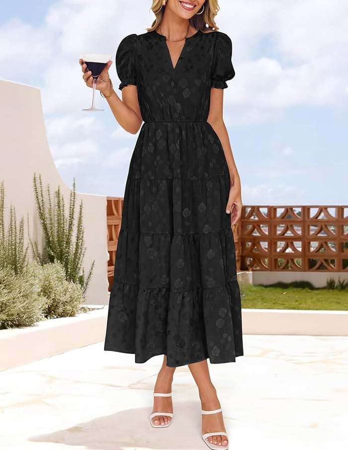 ZESICA Womens Summer Floral Flowy Midi Dress 2026 Puff Short Sleeve V Neck Ruffle Tiered Beach Vacation Party Dresses - Image 3
