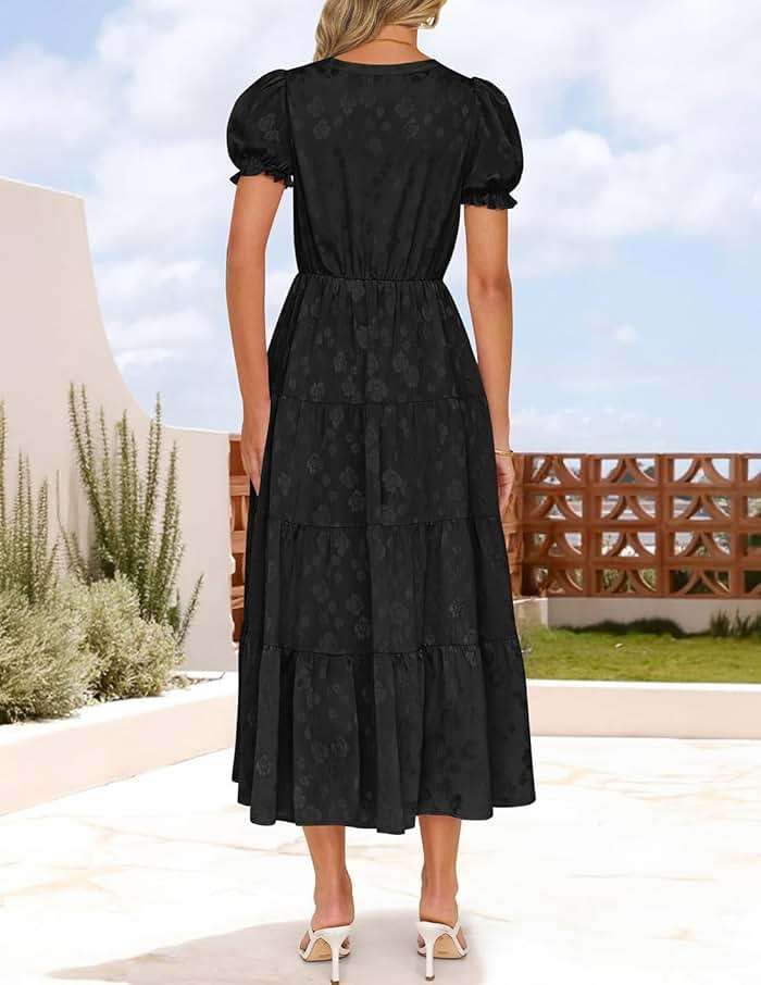 ZESICA Womens Summer Floral Flowy Midi Dress 2026 Puff Short Sleeve V Neck Ruffle Tiered Beach Vacation Party Dresses - Image 4