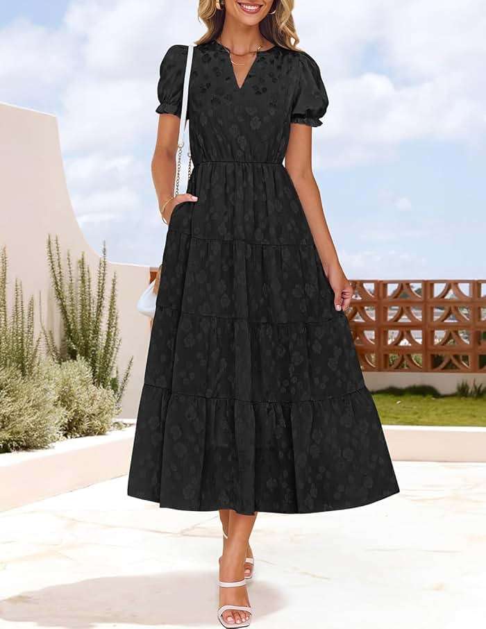 ZESICA Womens Summer Floral Flowy Midi Dress 2026 Puff Short Sleeve V Neck Ruffle Tiered Beach Vacation Party Dresses - Image 7