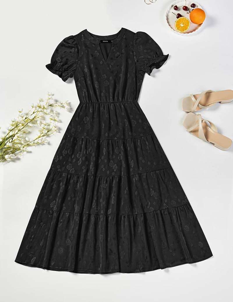ZESICA Womens Summer Floral Flowy Midi Dress 2026 Puff Short Sleeve V Neck Ruffle Tiered Beach Vacation Party Dresses - Image 8