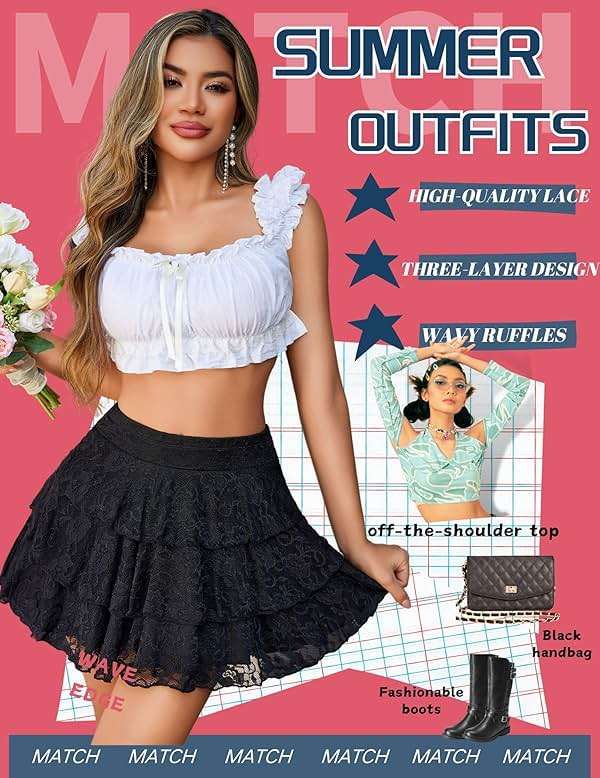 Avidlove Women Pleated Mini Skirt Lace Ruffles Short Skirt High Waisted Floral Layered Skirts - Image 4