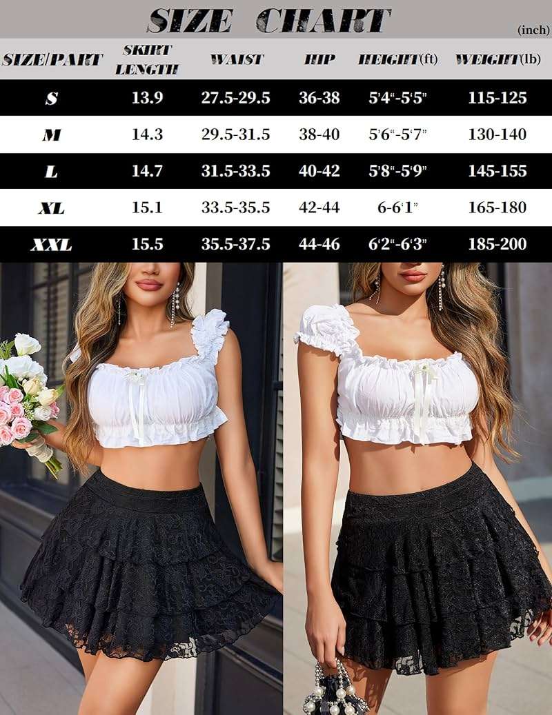 Avidlove Women Pleated Mini Skirt Lace Ruffles Short Skirt High Waisted Floral Layered Skirts - Image 7