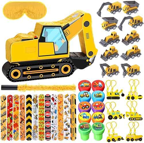 Pasimy 49 Pcs Construction Party Favors Excavator Pinata with Mini Engineering Vehicles Toy Bulldozer Tractor Slap Bracelet Dump Truck Keychain Stampers Kids Construction Birthday Supplies Gifts - Image 1