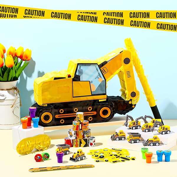 Pasimy 49 Pcs Construction Party Favors Excavator Pinata with Mini Engineering Vehicles Toy Bulldozer Tractor Slap Bracelet Dump Truck Keychain Stampers Kids Construction Birthday Supplies Gifts - Image 2