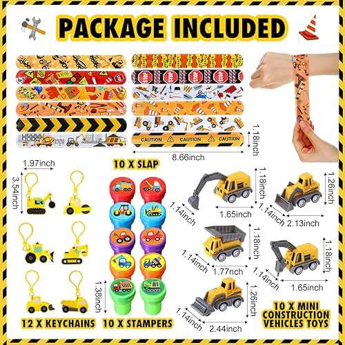 Pasimy 49 Pcs Construction Party Favors Excavator Pinata with Mini Engineering Vehicles Toy Bulldozer Tractor Slap Bracelet Dump Truck Keychain Stampers Kids Construction Birthday Supplies Gifts - Image 4