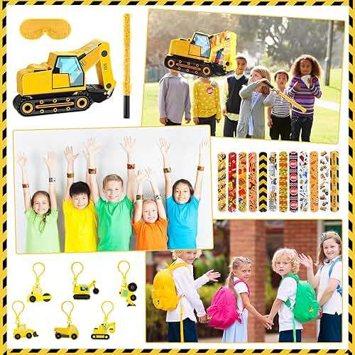 Pasimy 49 Pcs Construction Party Favors Excavator Pinata with Mini Engineering Vehicles Toy Bulldozer Tractor Slap Bracelet Dump Truck Keychain Stampers Kids Construction Birthday Supplies Gifts - Image 6
