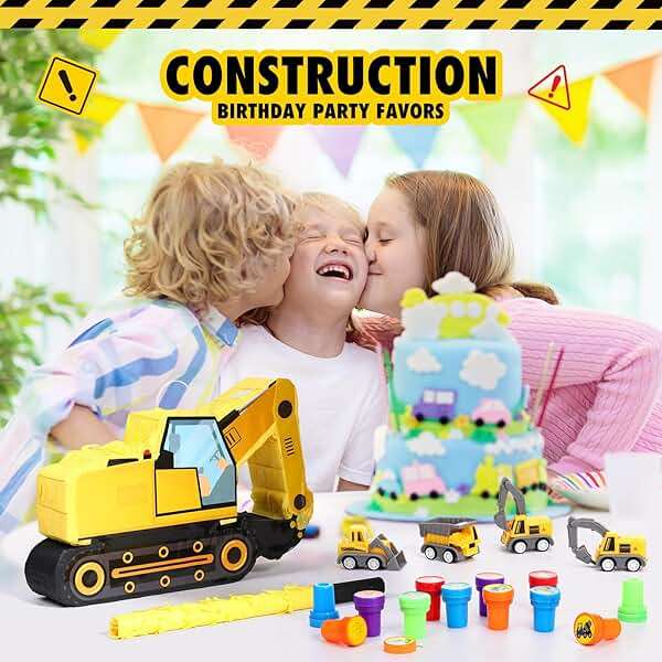 Pasimy 49 Pcs Construction Party Favors Excavator Pinata with Mini Engineering Vehicles Toy Bulldozer Tractor Slap Bracelet Dump Truck Keychain Stampers Kids Construction Birthday Supplies Gifts - Image 7
