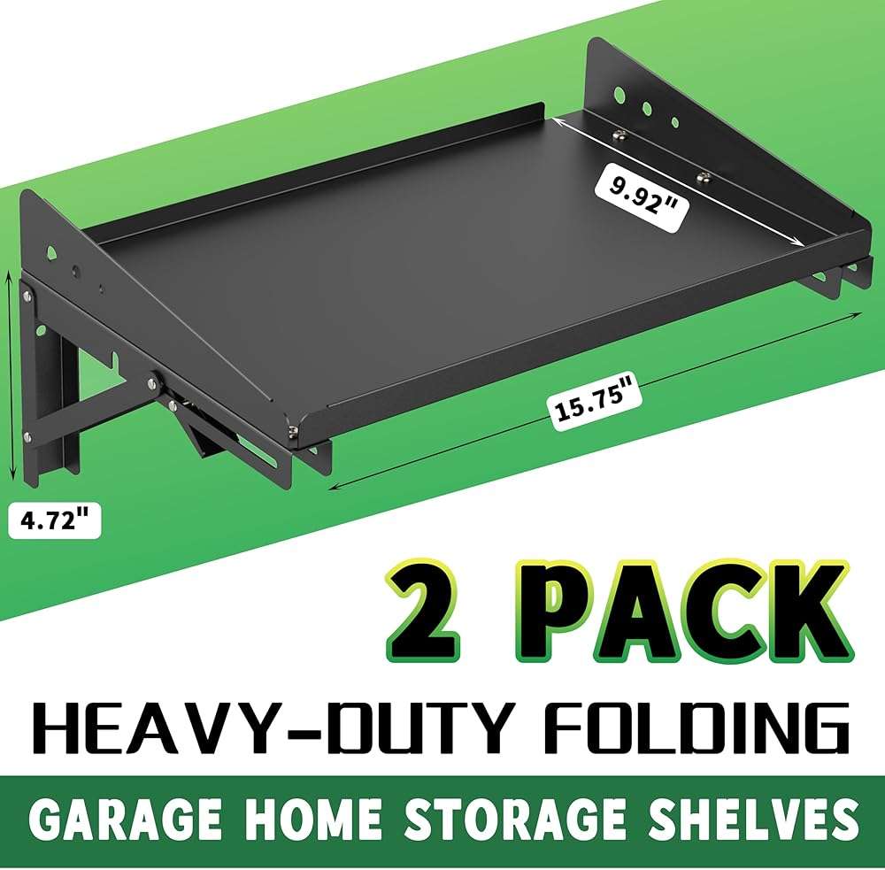 ULIBERMAGNET Garage Folding Storage Rack Shelves,200LB Metal Wall Mounted Adjustable Rail Shelf for Garage,Power Tools,Toolbox,Storage Shelves with Lip for Workshop Kitchen Office (2 Pack) - Image 3