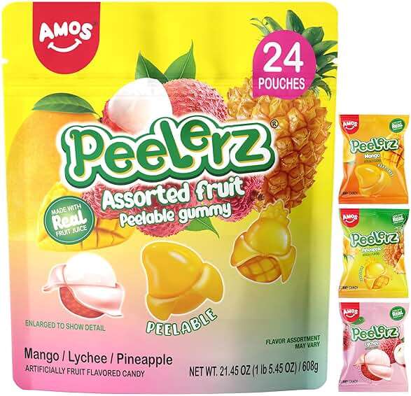 Amos Peelerz Assorted Peelable Gummy Variety Pack – Mango, Lychee & Pineapple | 24 Individually Wrapped Packs (608g) | Fun, Chewy, Shareable Treat - Image 1