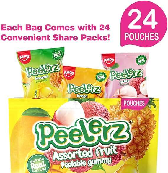 Amos Peelerz Assorted Peelable Gummy Variety Pack – Mango, Lychee & Pineapple | 24 Individually Wrapped Packs (608g) | Fun, Chewy, Shareable Treat - Image 4