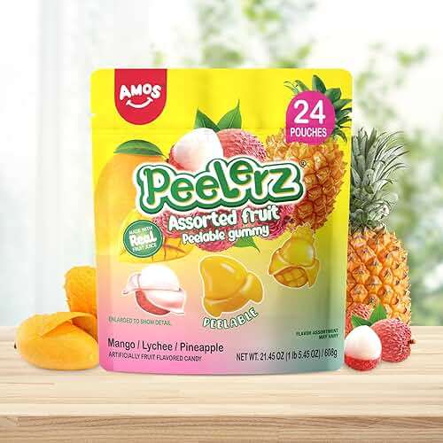 Amos Peelerz Assorted Peelable Gummy Variety Pack – Mango, Lychee & Pineapple | 24 Individually Wrapped Packs (608g) | Fun, Chewy, Shareable Treat - Image 5