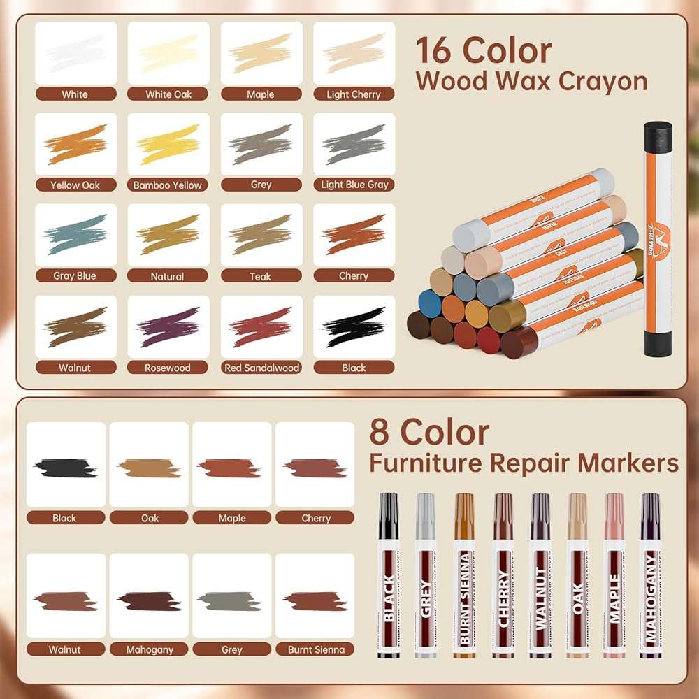 A-HEYIDA Wood Filler Putty Sticks -16 Colors Wax Crayons & 8 Furniture Marker Touch-Up Pens for Wood Floors & Cabinet Scratches, Cracks and Nail Holes - Laminate Floor Repair Kit - Image 3