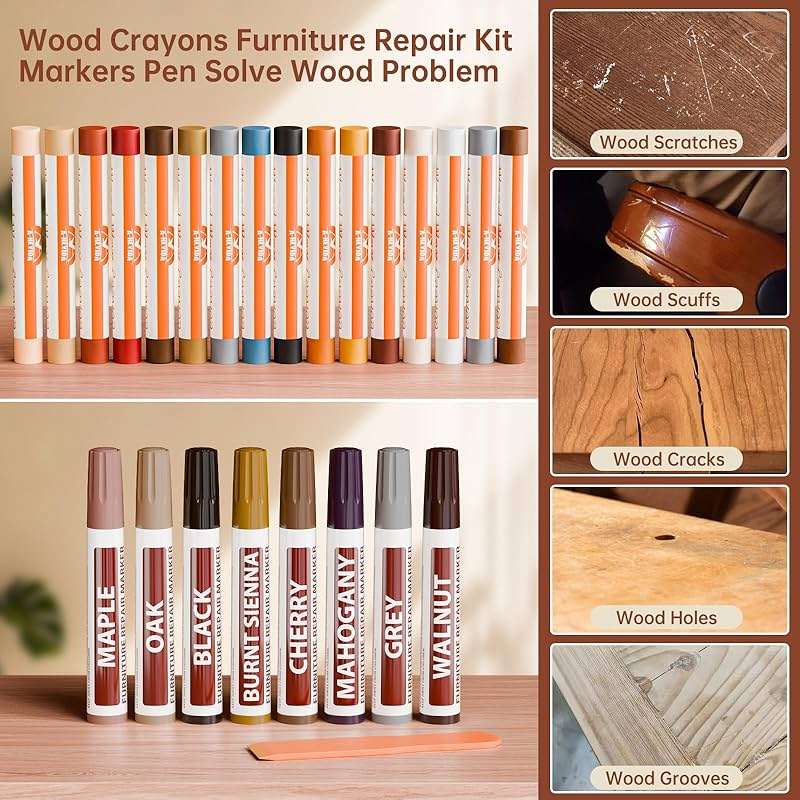 A-HEYIDA Wood Filler Putty Sticks -16 Colors Wax Crayons & 8 Furniture Marker Touch-Up Pens for Wood Floors & Cabinet Scratches, Cracks and Nail Holes - Laminate Floor Repair Kit - Image 4
