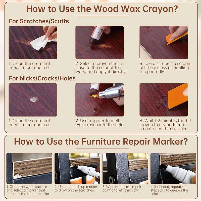 A-HEYIDA Wood Filler Putty Sticks -16 Colors Wax Crayons & 8 Furniture Marker Touch-Up Pens for Wood Floors & Cabinet Scratches, Cracks and Nail Holes - Laminate Floor Repair Kit - Image 5