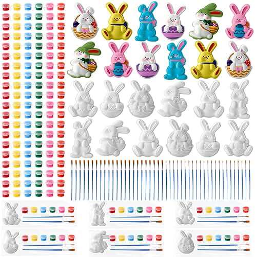 Foilswirl 24 Set Easter Bunny DIY Painting Kit Ceramic to Paint Your Own Bunny Statues Unpainted Plaster Figurines with Brushes Acrylic Bags Arts and Crafts Kits Party Favor for Adults - Image 1