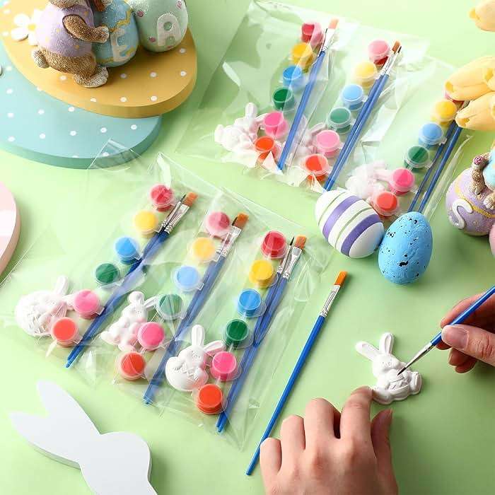 Foilswirl 24 Set Easter Bunny DIY Painting Kit Ceramic to Paint Your Own Bunny Statues Unpainted Plaster Figurines with Brushes Acrylic Bags Arts and Crafts Kits Party Favor for Adults - Image 2