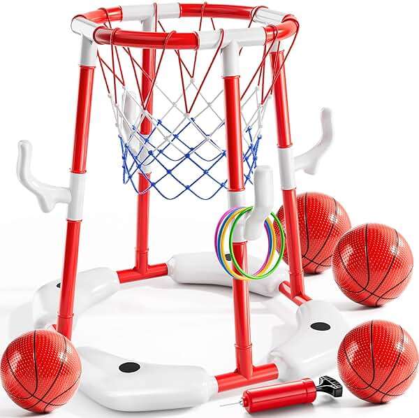 NIPLOOOW Pool Basketball Hoop, 2-in-1 Floating Pool Toys Ring Game with 4 Balls and Pump, Outdoor Swimming Pool Basketball Games Water Play Toy Family Party for Kids Adults Age 3-12 (Red) - Image 1