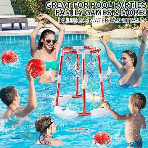 NIPLOOOW Pool Basketball Hoop, 2-in-1 Floating Pool Toys Ring Game with 4 Balls and Pump, Outdoor Swimming Pool Basketball Games Water Play Toy Family Party for Kids Adults Age 3-12 (Red) - Image 3