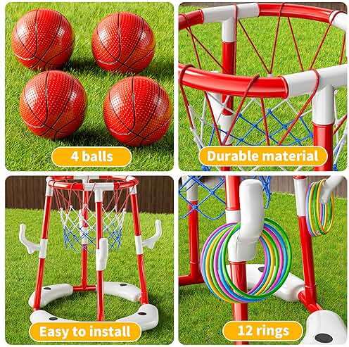 NIPLOOOW Pool Basketball Hoop, 2-in-1 Floating Pool Toys Ring Game with 4 Balls and Pump, Outdoor Swimming Pool Basketball Games Water Play Toy Family Party for Kids Adults Age 3-12 (Red) - Image 5