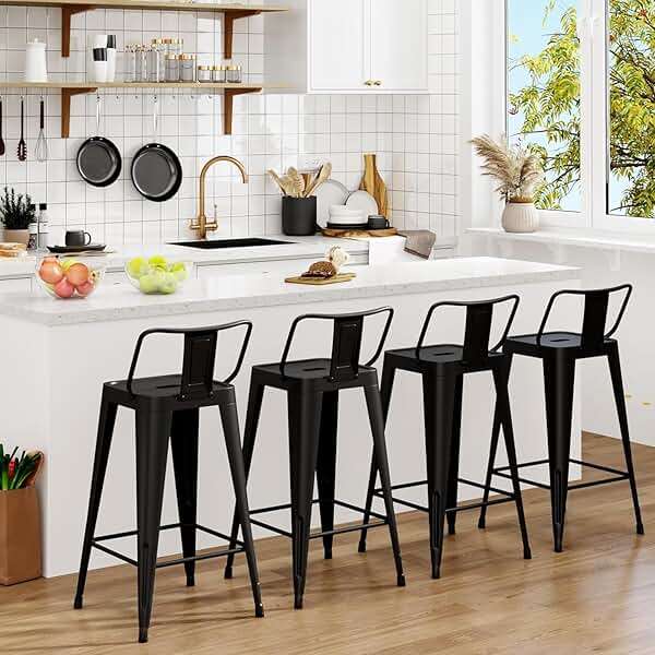 Arlunar home Metal Bar Stools Set of 4 Barstools Indoor/Outdoor Counter Height Bar Stools Bar Chairs with Back 24" Counter Height for Kitchen Island Dining Room (Black, 24inch) - Image 1