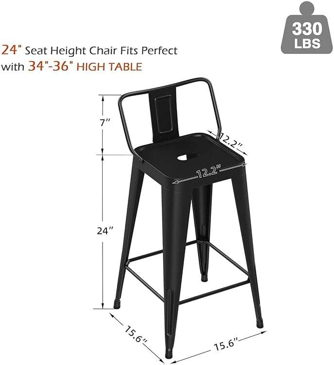 Arlunar home Metal Bar Stools Set of 4 Barstools Indoor/Outdoor Counter Height Bar Stools Bar Chairs with Back 24" Counter Height for Kitchen Island Dining Room (Black, 24inch) - Image 2