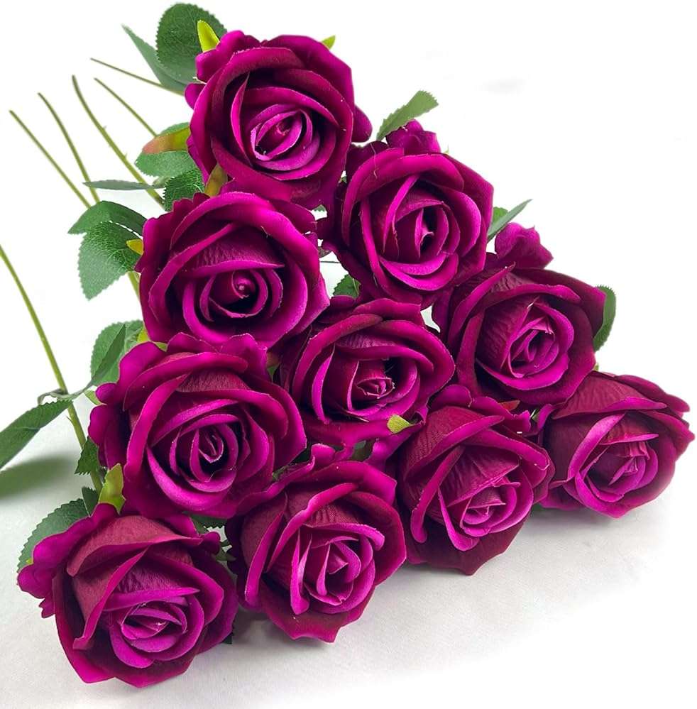 DECEED 10 PCS Artificial Roses with Long Stems Silk Flowers Realistic Foam Flowers Fake Roses for Valentine's Day Home Wedding Halloween Decor(Rose Red) - Image 1