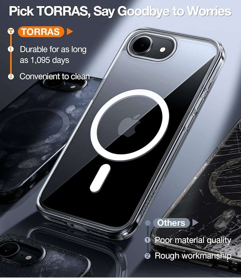TORRAS for iPhone 16e Case/iPhone 17e Case Clear, Never Yellow, Magnetic Phone Case, 16FT Military Grade Drop Protection, Slim Transparent Anti-Scratch Cover for iPhone17e Phone Case 6.1", Clear - Image 4