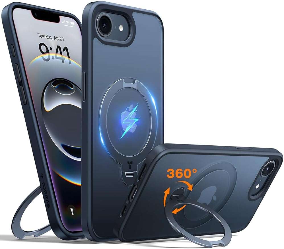 TORRAS 360 Spin for iPhone 17e Case & iPhone 16e case with Stand, Fit for MagSafe, 4X Military-Grade Protective, Stand Phone Case for iPhone 17e Case, Ring Holder Slim Cover, Matte Black 6.1'' - Image 1