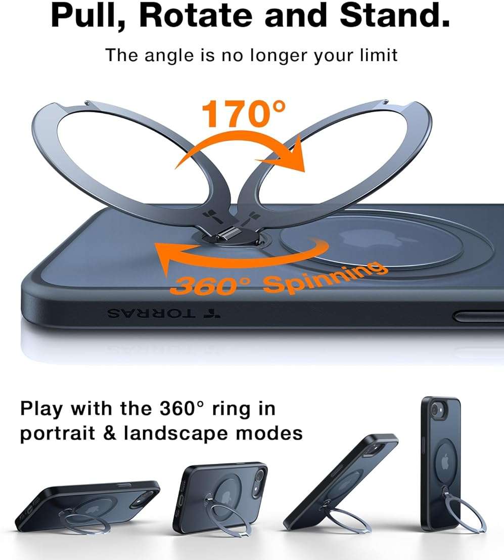 TORRAS 360 Spin for iPhone 17e Case & iPhone 16e case with Stand, Fit for MagSafe, 4X Military-Grade Protective, Stand Phone Case for iPhone 17e Case, Ring Holder Slim Cover, Matte Black 6.1'' - Image 2