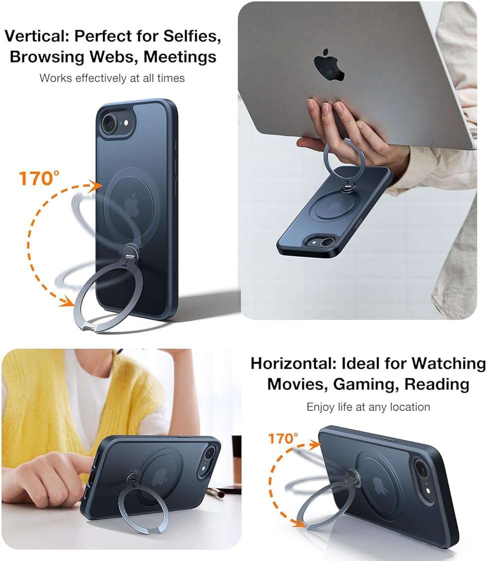TORRAS 360 Spin for iPhone 17e Case & iPhone 16e case with Stand, Fit for MagSafe, 4X Military-Grade Protective, Stand Phone Case for iPhone 17e Case, Ring Holder Slim Cover, Matte Black 6.1'' - Image 5