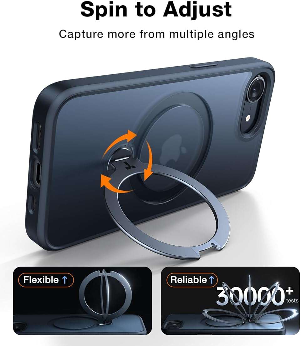 TORRAS 360 Spin for iPhone 17e Case & iPhone 16e case with Stand, Fit for MagSafe, 4X Military-Grade Protective, Stand Phone Case for iPhone 17e Case, Ring Holder Slim Cover, Matte Black 6.1'' - Image 6