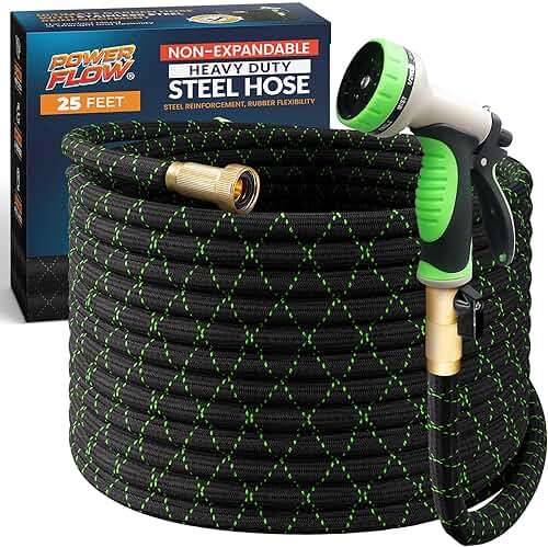 PowerFlow Garden Hose, NON-EXPANDABLE 25 Feet Premium Quality Stainless Steel Metal Water Hose with Durable Fabric Skin, Hose For Commercial, Residential Use, Bonus 10-way Spray Nozzle (25 Ft, Black) - Image 1