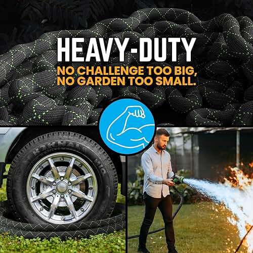 PowerFlow Garden Hose, NON-EXPANDABLE 25 Feet Premium Quality Stainless Steel Metal Water Hose with Durable Fabric Skin, Hose For Commercial, Residential Use, Bonus 10-way Spray Nozzle (25 Ft, Black) - Image 4